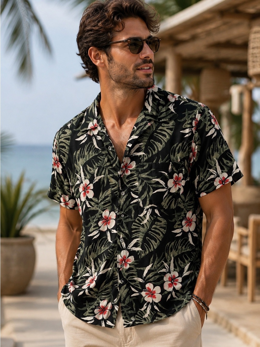 Massini Hawaiian Shirt Tropical Floral Leaf Button Front Camp Shirt